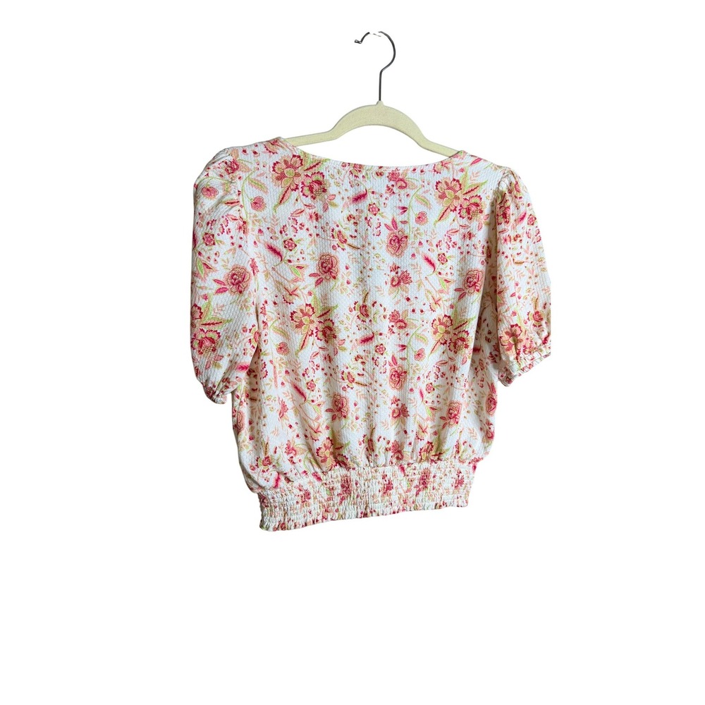 Rose + Olive Floral Crop Top Pink Yellow Smocked V-Neck Puff Sleeve Blouse M - Picture 5 of 6